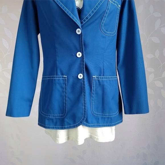 Vintage 70s Koratron Contrast Stitch Blazer Chore Jacket Koret Cerulean Blue Sm - Picture 4 of 16